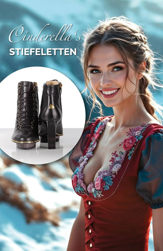 Schwarze Stiefeletten zum Dirndl als Dirndl-Schuhe aus Leder mit transparentem Absatz und Plateau aus München