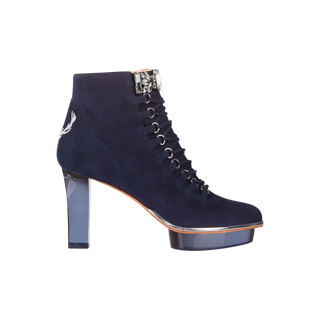 Blaue Stiefelette für Damen aus Wild-Leder mit transparentem Absatz zum Dirndl oder Abendkleid