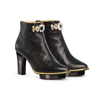 Schwarze Stiefeletten mit transparentem Acryl-/Plexi-Absatz und Kristall-Schmuck zum Abendkleid in München