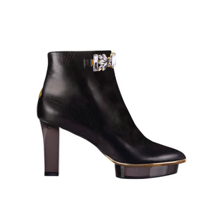 Schwarze Stiefeletten mit transparentem Acryl-/Plexi-Absatz und Kristall-Schmuck zum Abendkleid in München