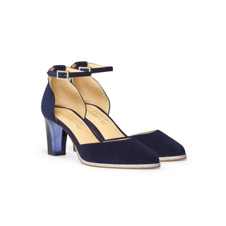 Blaue Pumps für Damen aus Wild-Leder mit Riemchen und transparentem Absatz zum Dirndl oder Abendkleid