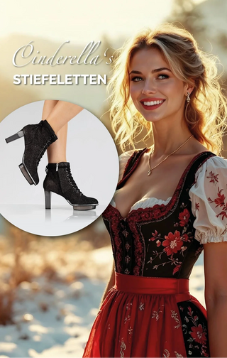 Schwarze Dirndl-Stiefeletten aus Leder mit transparentem Absatz und Plateau für Damen mit Accessoires zum dirndl