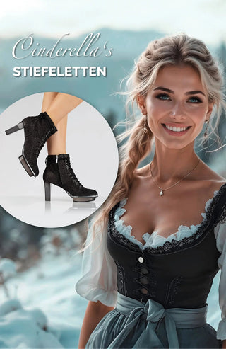 Schwarze Dirndl-Stiefeletten aus Leder mit transparentem Absatz und Plateau für Damen mit Accessoires zum dirndl