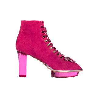 Bequeme pinke Schuhe zum dirndl als Stiefeletten aus Leder mit Plateau und Blockabsatz