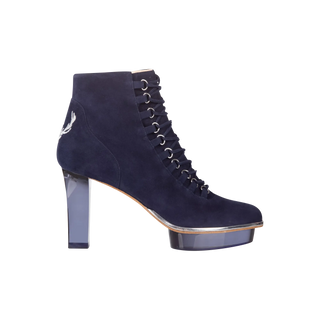 Blaue Stiefelette für Damen aus Wild-Leder mit transparentem Absatz zum Dirndl oder Abendkleid