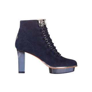 Blaue Stiefelette für Damen aus Wild-Leder mit transparentem Absatz zum Dirndl oder Abendkleid