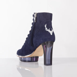 Blaue Stiefelette für Damen aus Wild-Leder mit transparentem Absatz zum Dirndl oder Abendkleid