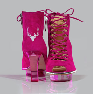 Pinke Stiefelette für Damen aus Wild-Leder mit transparentem Absatz zum Dirndl oder Abendkleid