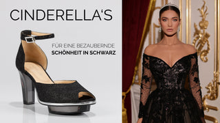Ein zauberhafter Abendschuh als Peeptoe Riemchenpump von der Firma Cinderella’s by Marcela in strukturiertem schimmernden schwarzen Rindsleder mit elegantem Nuss-Logo (inspiriert aus dem Märchen drei Nüsse für Aschenbrödel) sowie hochwertigem transparentem schwarzen Absatz und Plateau. Die Schuhe sind mit silbernen Accessoires verziert, und die Schnalle ist mit funkelnden Steinchen veredelt. Perfekt geeignet für Galas, Bälle, rote Teppiche und gehobene Events.