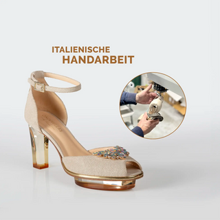 Riemchen-Pumps in gold für Damen aus Leder mit Perlen und transparentem Plexi-Absatz zum Abendkleid