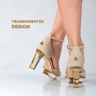 Riemchen-Pumps in gold für Damen aus Leder mit Perlen und transparentem Plexi-Absatz zum Abendkleid