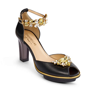 Riemchen-Pumps in schwarz-gold mit gelben Steinen aus Leder mit transparentem Block-Absatz und Plateau zum Abendkleid.