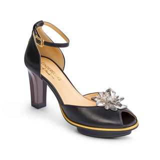 Riemchen-Pumps in schwarz-gold mit Blume aus Leder mit transparentem Block-Absatz und Plateau zum Abendkleid.