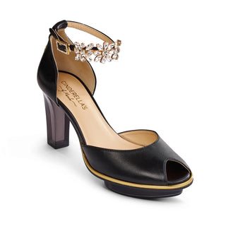 Riemchen-Pumps in schwarz-gold mit Steinen aus Leder mit transparentem Block-Absatz und Plateau zum Abendkleid.