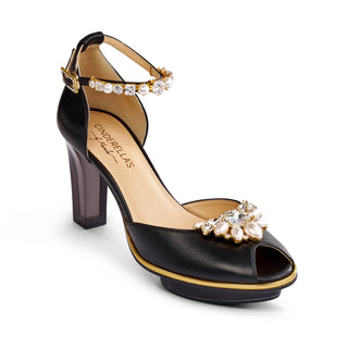 Riemchen-Pumps in schwarz-gold mit  Steinen und Perlen aus Leder mit transparentem Block-Absatz und Plateau zum Abendkleid.