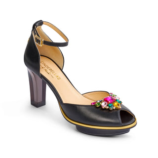 Riemchen-Pumps in schwarz-gold mit pinken Steinen aus Leder mit transparentem Block-Absatz und Plateau zum Abendkleid.