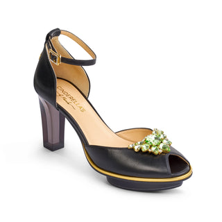 Riemchen-Pumps in schwarz-gold mit grünen Steinen aus Leder mit transparentem Block-Absatz und Plateau zum Abendkleid.