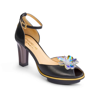 Riemchen-Pumps in schwarz-gold mit Hologramm-Steinen aus Leder mit transparentem Absatz und Plateau zum Abendkleid.