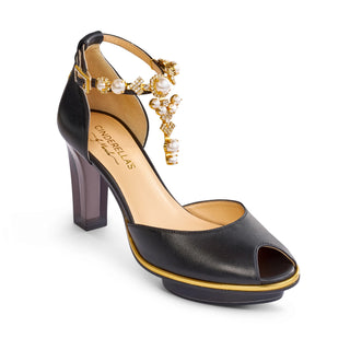 Riemchen-Pumps in schwarz-gold mit grünen Steinen aus Leder mit transparentem Block-Absatz und Plateau zum Abendkleid.