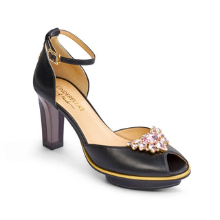Riemchen-Pumps in schwarz-gold mit rosa  Steinen aus Leder mit transparentem Block-Absatz und Plateau zum Abendkleid.