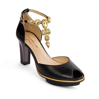 Riemchen-Pumps in schwarz-gold mit gelben Steinen aus Leder mit transparentem Block-Absatz und Plateau zum Abendkleid.
