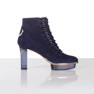 Blaue Stiefelette für Damen aus Wild-Leder mit transparentem Absatz zum Dirndl oder Abendkleid