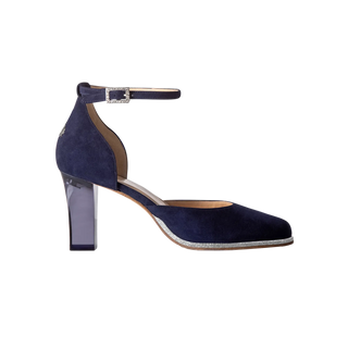 Blaue Pumps für Damen aus Wild-Leder mit Riemchen und transparentem Absatz zum Dirndl oder Abendkleid