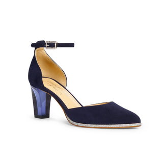 Blaue Pumps für Damen aus Wild-Leder mit Riemchen und transparentem Absatz zum Dirndl oder Abendkleid