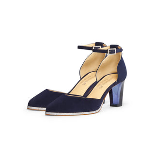 Blaue Pumps für Damen aus Wild-Leder mit Riemchen und transparentem Absatz zum Dirndl oder Abendkleid