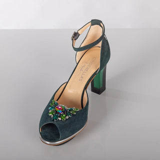 SMARAGDIS Peeptoes Riemchenpumps Dirndlschuhe smaragdgrün