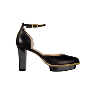 Schwarze Damenpumps aus Echtleder mit transparentem Plateau, goldfarbenem Rand und Blockabsatz – elegante High Heels zum Abendkleid für festliche Anlässe.