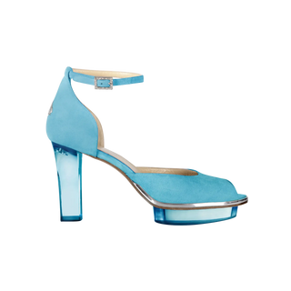 Türkise Riemchen-Pumps für Damen aus Wild-Leder mit transparentem Absatz zum Dirndl oder Abendkleid