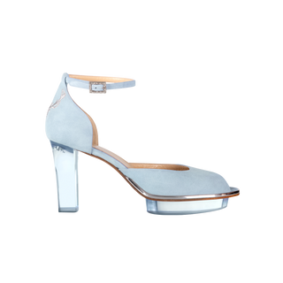 Festliche High Heels in Hellblau: Luxuriöse Peeptoes Riemchenpumps aus Echtleder und Wildleder mit transparentem Absatz, Designer-Damenschuhe für modebewusste Frauen, ideal für Hochzeit in Tracht