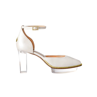 Brautschuhe in Ivory mit Gold für Damen und transparentem Plexi-Absatz zum Brautkleid und Abendkleid.
