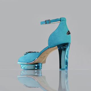 Türkise Riemchen-Pumps für Damen aus Wild-Leder mit transparentem Absatz zum Dirndl oder Abendkleid
