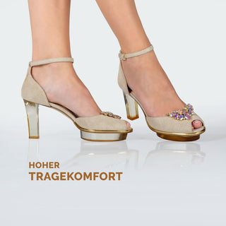 Riemchen-Pumps in gold für Damen aus Leder mit Perlen und transparentem Plexi-Absatz zum Abendkleid