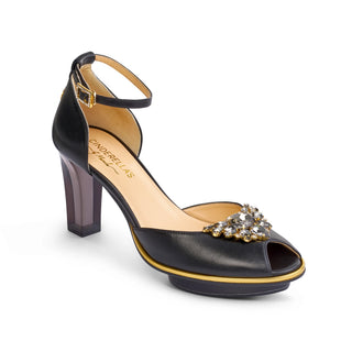 Riemchen-Pumps in schwarz-gold mit Steinen aus Leder mit transparentem Block-Absatz und Plateau zum Abendkleid.