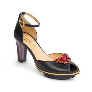 Riemchen-Pumps in schwarz-gold mit roten Steinen aus Leder mit transparentem Block-Absatz und Plateau zum Abendkleid.