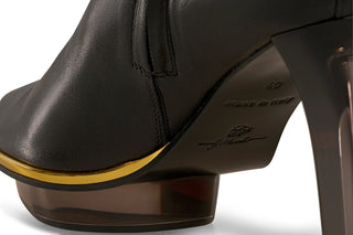 Schwarze Stiefeletten mit transparentem Acryl-/Plexi-Absatz und Kristall-Schmuck zum Abendkleid in München