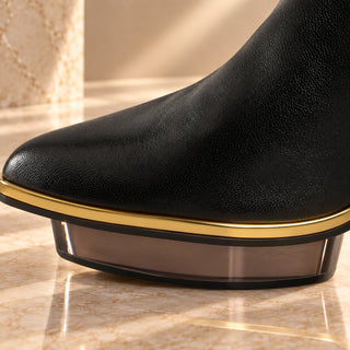 Schwarze Stiefeletten mit transparentem Acryl-/Plexi-Absatz und Kristall-Schmuck zum Abendkleid in München