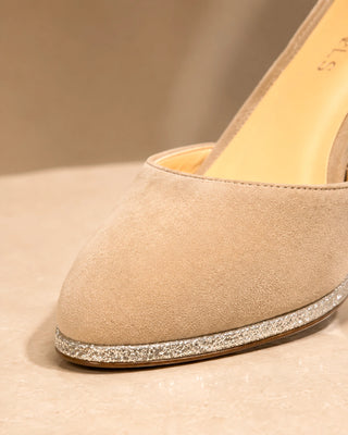 Pumps für Damen in taupe aus Wild-Leder mit transparentem Absatz und Riemchen zum dirndl oder Abendkleid 