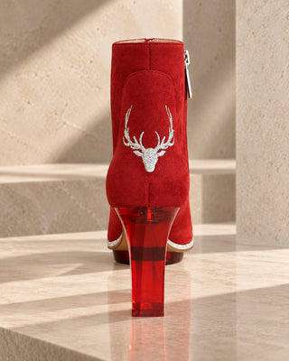 Rote Damenstiefeletten mit transparentem Absatz und Plateau sowie Reisverschluss aus Wildleder zum Dirndl.