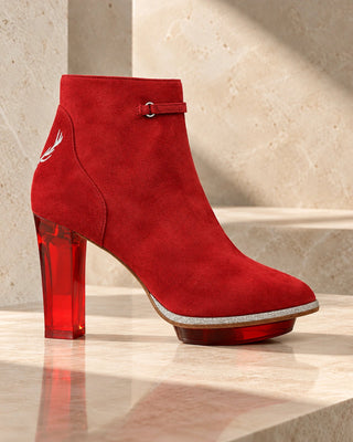 Rote Damenstiefeletten mit transparentem Absatz und Plateau sowie Reisverschluss aus Wildleder zum Dirndl.
