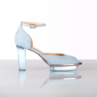 Festliche High Heels in Hellblau: Luxuriöse Peeptoes Riemchenpumps aus Echtleder und Wildleder mit transparentem Absatz, Designer-Damenschuhe für modebewusste Frauen, ideal für Hochzeit in Tracht
